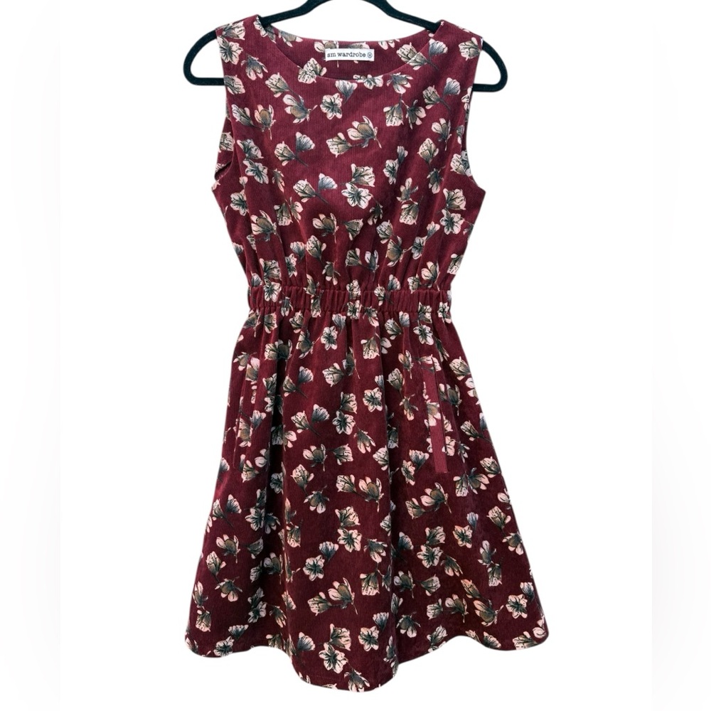 Bold Burgundy Corduroy Floral Fit and Flare Mini Dress - size medium